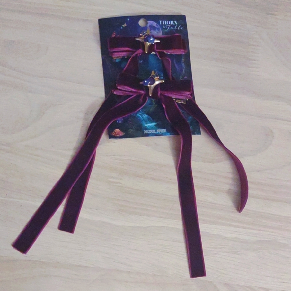 Thorn & Fable Blue Crystal Star Red Burgundy Velvet Ribbon Bow Hair Clips
